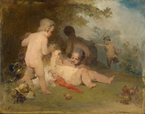 Putti en een jonge sater in een bos
