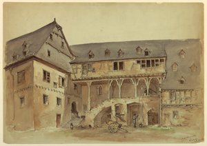 Tekening, Binnenplaats van een middeleeuws landhuis, ca. 1889
