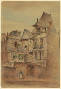 Tekening, Straatbeeld met middeleeuwse huizen, ca. 1885