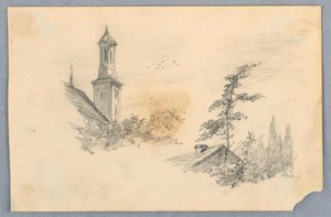 Schets van kerktoren en dak door Arnold William Brunner