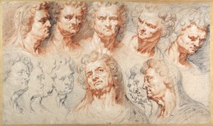 Dertien studies gebaseerd op een Romeins keizerlijk hoofd (zwarte & rode krijt met bruine inkt op wit papier) door Arnold or Artus the Elder Quellin I
