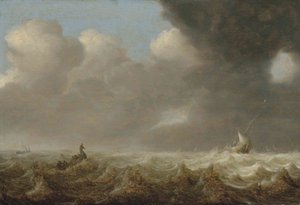 Dutch: Schepen in stormachtig weer Fishing boats in rought seas door Arnoldus van Anthonissen