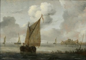 Zeilboten bij een kust door Arnoldus van Anthonissen