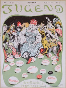 Eierdans, cartoon over de Eerste Haagse Vredesconferentie, uit het Duitse tijdschrift Jugend, 29 juli 1899