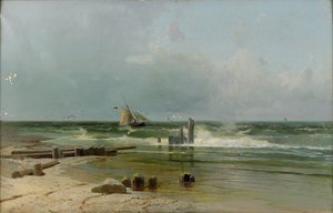 Zeilboot bij het strand door Arseniy Ivanovich Meshchersky