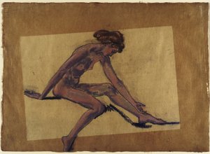Sitzender weiblicher Akt im Profil, nach vorne gebeugt door Arthur Bowen Davies