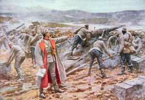 Servische artillerie in actie tegen de Oostenrijkers door Arthur C. (after) Michael