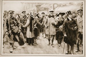 Het weekend weg van het front: Britse officieren en mannen op kort verlof uit de loopgraven arriveren op Victoria, uit 