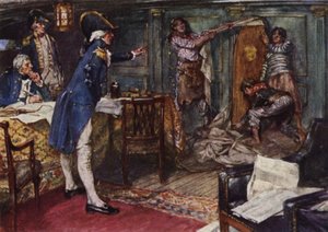 Nelson laat de kist die Kapitein Hallowell hem gaf tegen de schot van zijn hut plaatsen