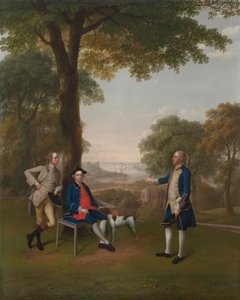 Arthur Holdsworth in gesprek met Thomas Taylor en kapitein Stancombe bij de rivier de Dart door Arthur Devis