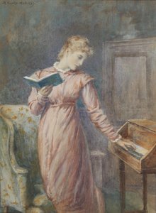Een dame die leest terwijl ze het spinet bespeelt door Arthur Foord Hughes