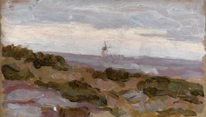 Landschapsstudie met windmolen aan de horizon, ca. 1900 door Arthur Haythorne Studd