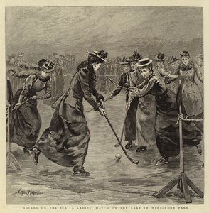 Hockey op het ijs, een dameswedstrijd op het meer in Wimbledon Park
