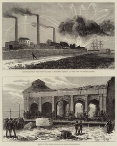 De explosie van de raketfabriek in Woolwich Arsenal door Arthur Hopkins