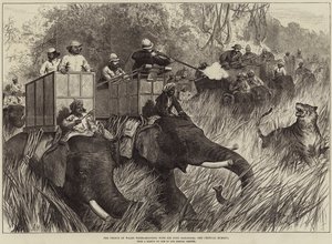 De Prins van Wales op tijgerjacht met Sir Jung Bahadoor, het kritieke moment