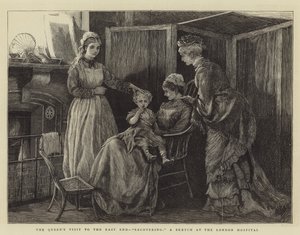 Het bezoek van de koningin aan het oosten van Londen, herstel, een schets in het London Hospital