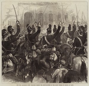 De oorlog, Beierse lichte dragonders passeren het hoofdkwartier van de kroonprins van Pruisen in Ligny door Arthur Hopkins