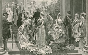 De eerste Ontvangkamer van het Seizoen, aan de voet van de grote trap in Buckingham Palace