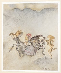 ACT IV: Scene I, regel 46 Elk, trippelend op zijn teen, Zal hier zijn met dweil en grimas. Nimfen. door Arthur Rackham