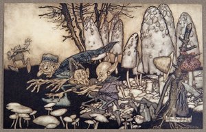 Een groep arbeiders die een paddenstoel aan het zagen waren, rende weg en liet hun gereedschap achter, uit Peter Pan in Kensington Gardens door J M Barrie (1860 - 1937), pub. 1906 door Arthur Rackham