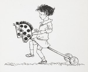 Een klein meisje op een speelgoed hobbelpaard door Arthur Rackham