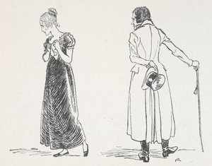 Een jong stel dat ruzie maakt, de vrouw heeft zich omgedraaid en klemt een zakdoek tegen haar borst door Arthur Rackham