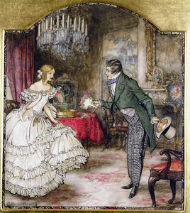 Een jonge man die een boeket aanbiedt aan een meisje in een salon door Arthur Rackham