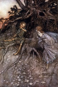 Act II, Scene I Puck & een fee; Puck geeft toe dat hij die vrolijke nachtelijke zwerver is. Illustratie door Arthur RACKHAM (1867-1939) voor De Droom van een Zomernacht door William SHAKESPEARE