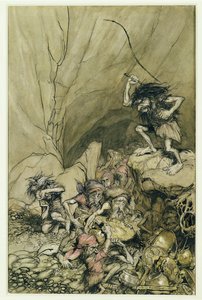 Alberich rijdt in een groep Nibelungen beladen met goud en zilver schat, een illustratie uit Het Rheingold en de Valkyrie door Richard Wagner door Arthur Rackham