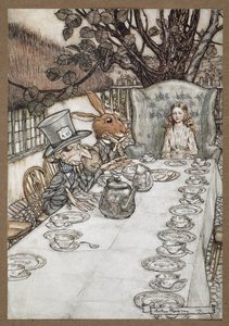 Alice bij het theekransje van de Gekke Hoedenmaker met de Maartse Haas, de Slaapmuis en de Gekke Hoedenmaker