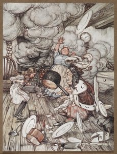 Alice in een keuken met de Hertogin, een kok en de Cheshire Cat door Arthur Rackham