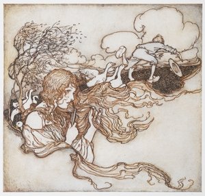 Een illustratie van een meisje dat haar haar borstelt met ganzen en een jongen op de achtergrond, uit De Ganzenhoedster door Arthur Rackham