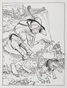 Een oude kromme man met zijn kromme kat en krom huis door Arthur Rackham