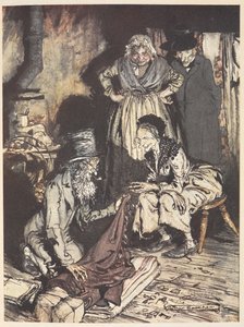 Een oude familie in hun huis met een man die hen gordijnen aanbiedt door Arthur Rackham