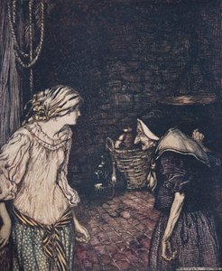 Eindelijk bereikte ze de kelder, en daar vond ze een oude, oude vrouw met een trillend hoofd.., uit De sprookjes van de gebroeders Grimm door Arthur Rackham