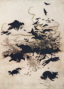 Bij de derde steek schreeuwde de vos en ging zijn staart tussen zijn benen, uit De Sprookjes van de Gebroeders Grimm, pub. 1909 door Arthur Rackham