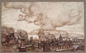Weg vloog hij recht over de huizen naar de tuinen, uit Peter Pan in Kensington Gardens door J M Barrie (1860 - 1937), pub. 1906 door Arthur Rackham