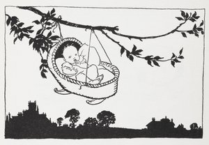Baby in een wieg hangend aan een tak