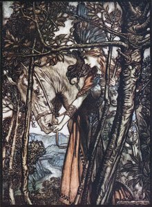 Brünnhilde leidt haar paard aan de teugel. Illustratie voor De Rijn en De Walkure door Richard Wagner door Arthur Rackham
