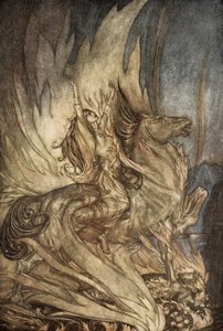 Brunnhilde op Grane springt op de brandstapel van Siegfried, illustratie uit 