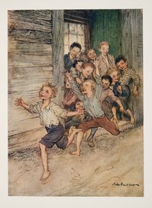 Uitbarstend als een legioen jonge duivels, uit De Legende van Sleepy Hollow door Washington Irving (1783 - 1859), pub. 1928 door Arthur Rackham
