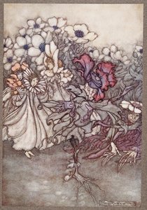 Maar als je kijkt, en ze vrezen dat er geen tijd is om zich te verstoppen, staan ze heel stil te doen alsof ze bloemen zijn, uit Peter Pan in Kensington Gardens door J M Barrie, pub. 1906 door Arthur Rackham