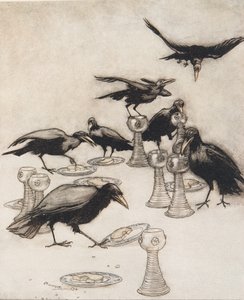 Maar ze zeiden de een na de ander: Hallo! Wie heeft van mijn bord gegeten? Wie heeft uit mijn beker gedronken? uit De Sprookjes van de Gebroeders Grimm, pub. 1909