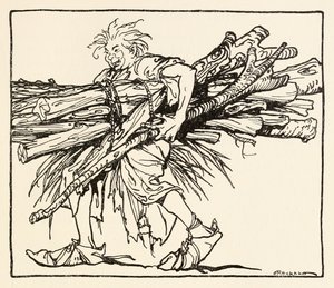 Carl bouwt een schuilplaats voor de nacht, uit The Carl of the Drab Coat in Irish Fairy Tales door Arthur Rackham