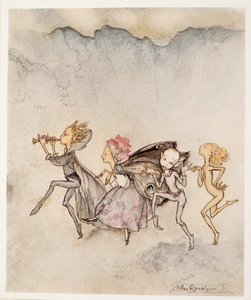 Iedereen, trippelend op zijn tenen, zal hier zijn met dweil en grijns, illustratie uit William Shakespeares De Storm, uitgegeven 1926 door Arthur Rackham