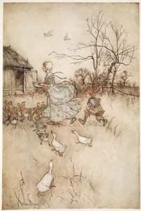 Gekleed in een paar van zijn vaders afgedankte broek die hij net zo moeilijk omhoog moest houden als een deftige dame haar sleep bij slecht weer., uit Rip Van Winkle door Washington Irving, uitgegeven 1910 door Arthur Rackham