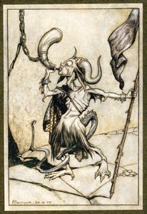 Voordat de hoorn bij de poort van de Barbican-toren werd geblazen met een luid twintig-trompettervermogen door Arthur Rackham
