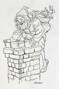 Kerstman die een schoorsteen in klimt met cadeaus