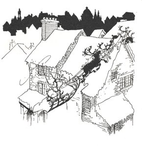 Kerstman in zijn slee vliegend over besneeuwde daken door Arthur Rackham