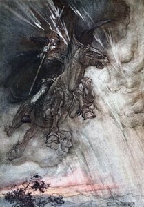 Woedend rijdt Wotan naar de rots. Illustratie voor Het Rijngoud en De Walkure door Richard